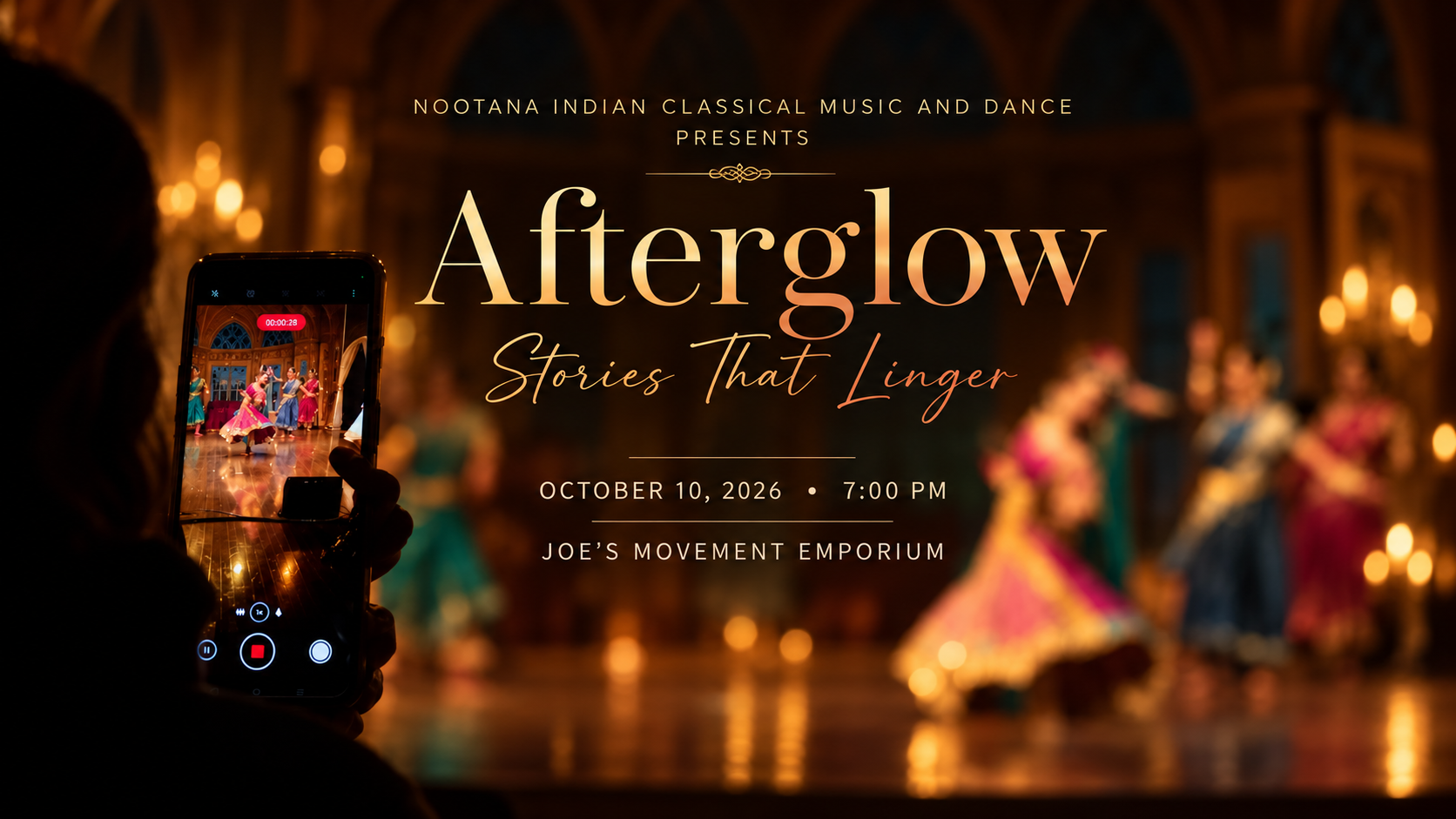 Afterglow: Stories That Linger. Nootana Indian Classical Music and Dance presents an evening at Joe’s Movement Emporium on October 10, 2026 at 7:00 PM.